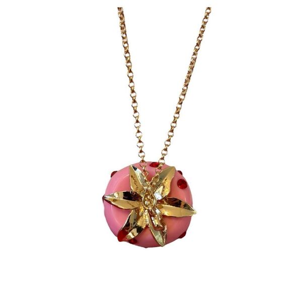 Gorgeous Pink Strawberry Pendant Necklace w/ Red Crystals on Long Goldtone Chain - Picture 6 of 7